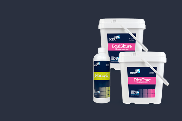KER products including a bottle of Nano-e, a tub of Equishure supplement and a tub of Ritetrac supplement