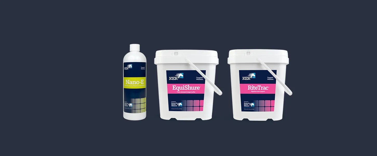 Image of Nano-e bottle, a tub of Equishure supplement and a tub of Ritetrac supplement