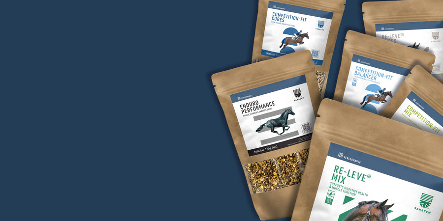Saracen Horse feed samples with labels on a blue background